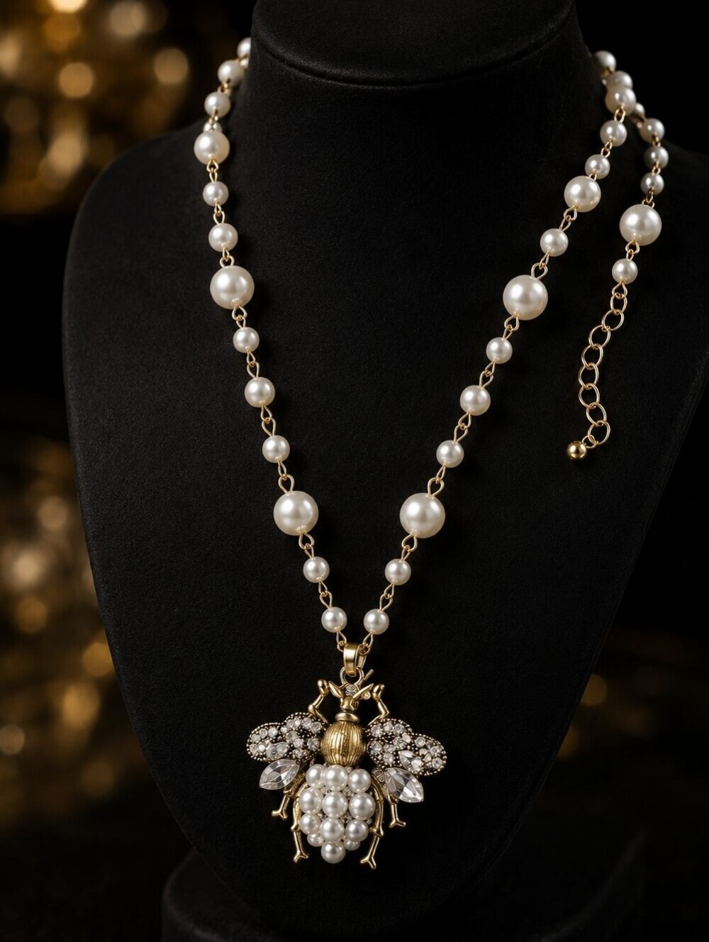Vintage Pearl Bee Pendant Necklace | Gold Tone Statement Necklace